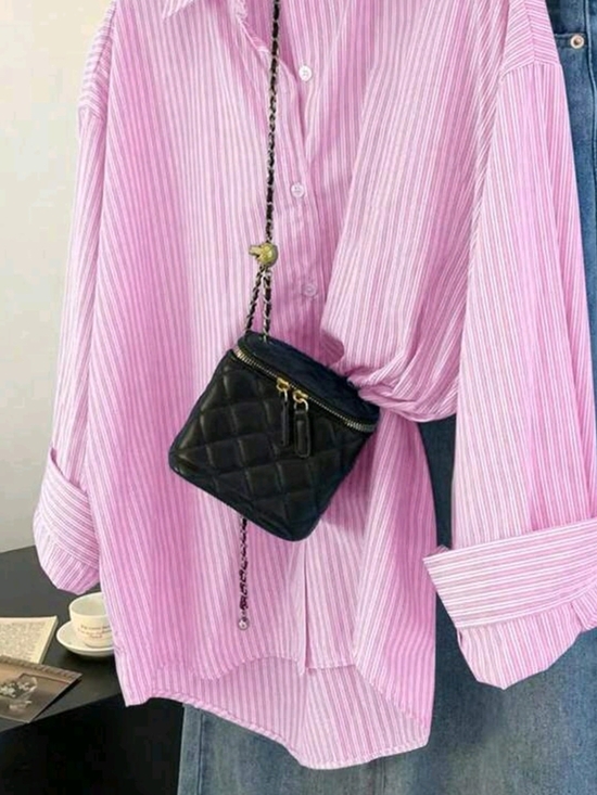 SHEIN Tops - SHEIN Pink Striped Button-Down Shirt